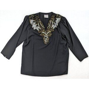 Vintage 80s Top Three Flaggs Size 16 Black Long Sleeve Sequins
